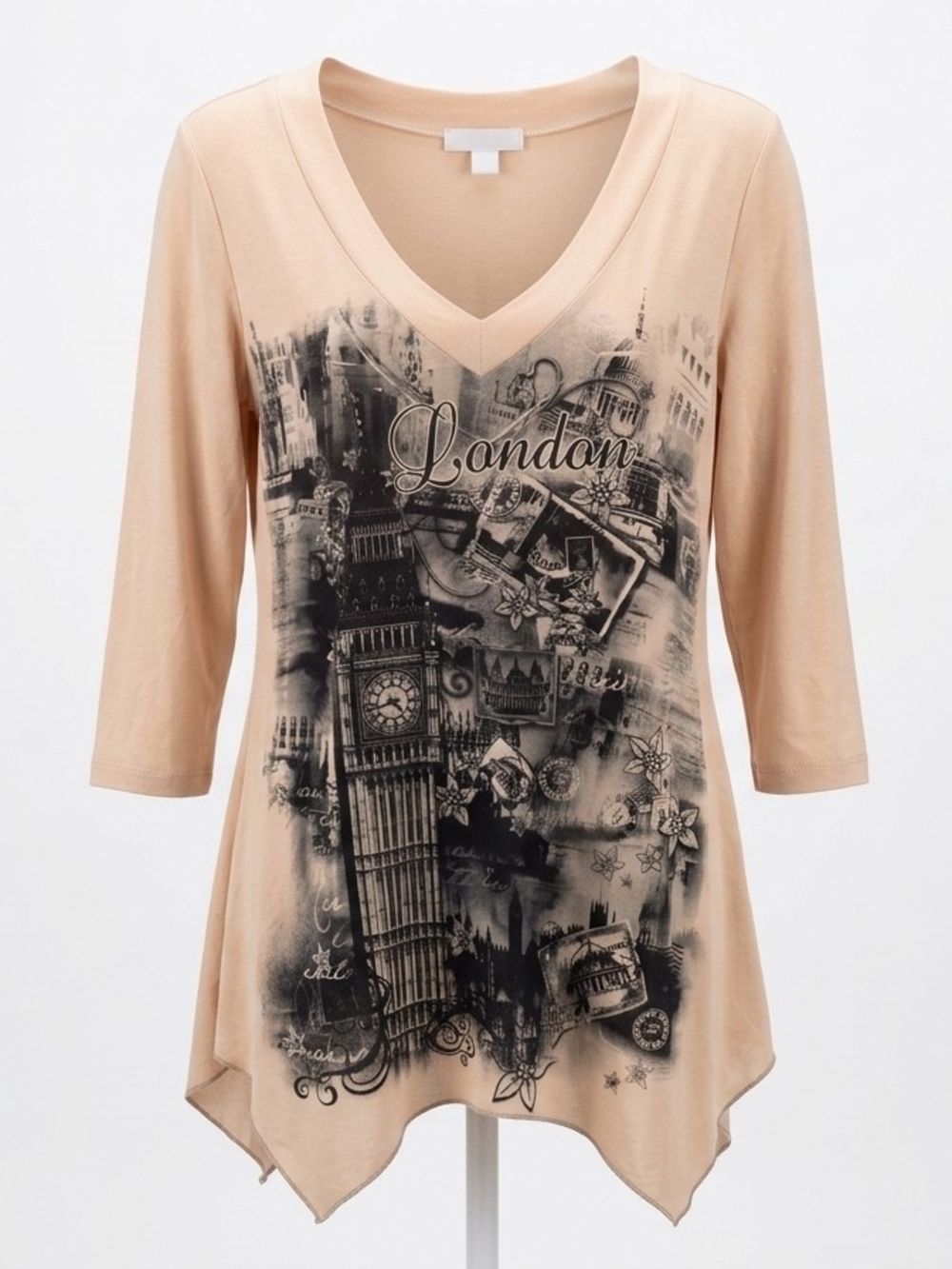 V-Neck London Graphic Tunic Top in Beige Lavish Plus